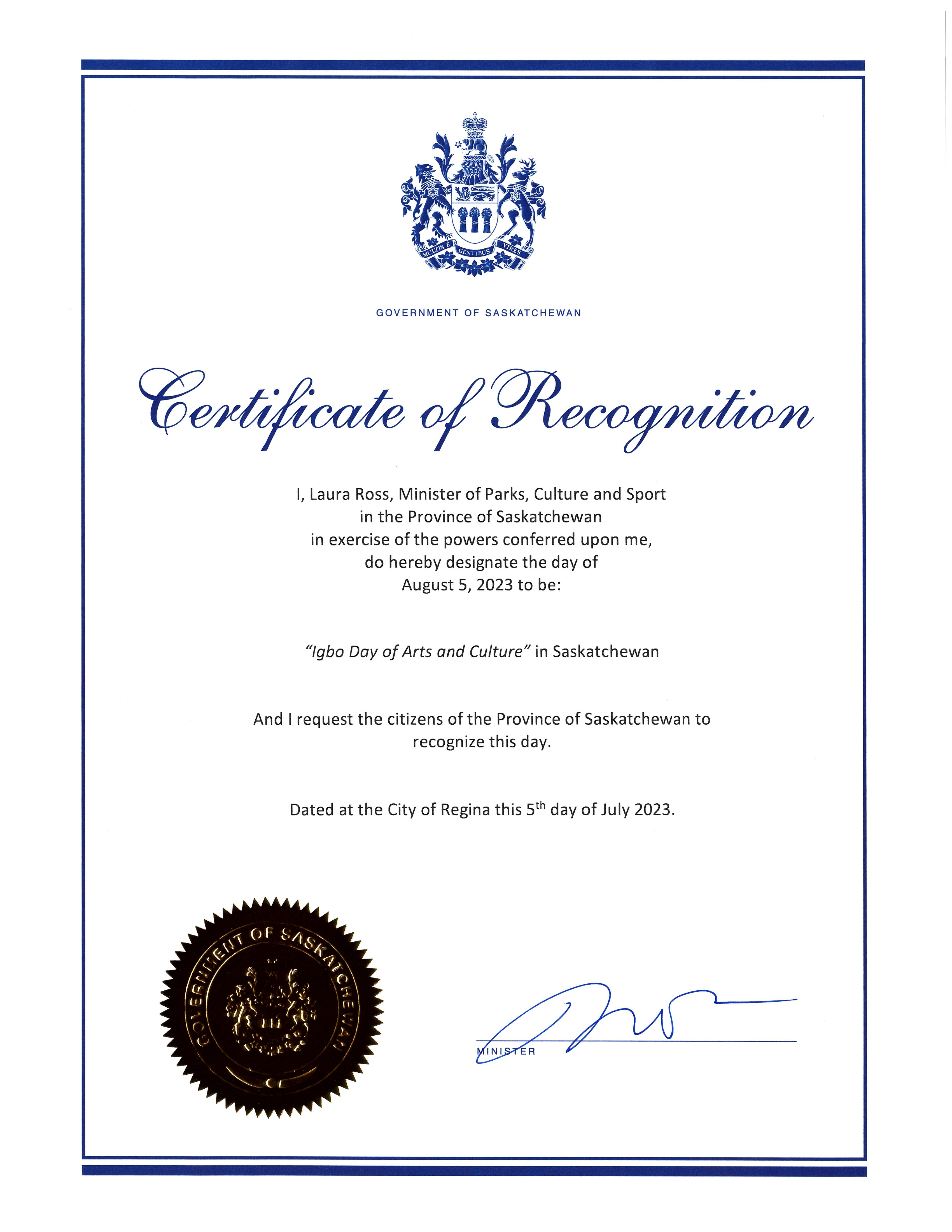 Government of Saskatchewan designates August 5, 2023 as Igbo Day of Arts and Culture Image
