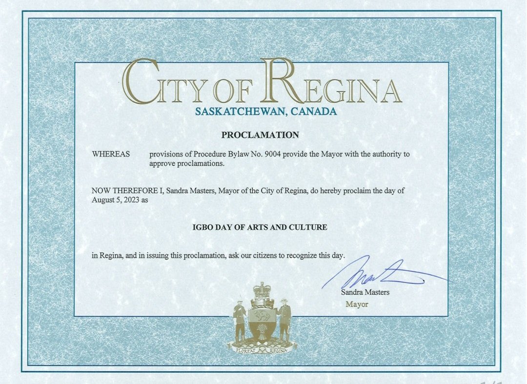 Municipal government of Regina designates August 5, 2023 as Igbo Day of Arts and Culture Image